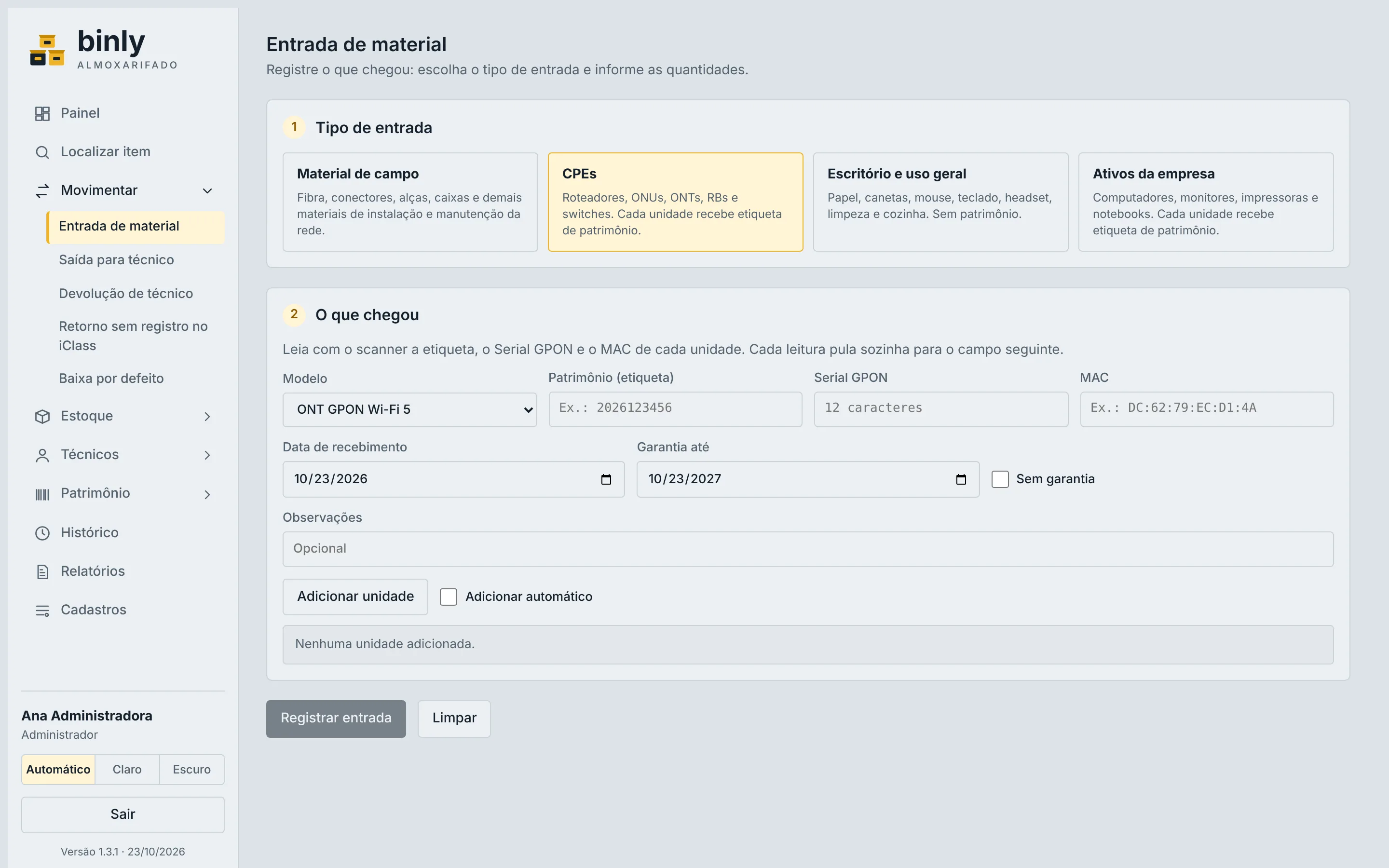 Tela Entrada de material com o tipo CPEs selecionado e os campos de patrimônio, Serial GPON e MAC