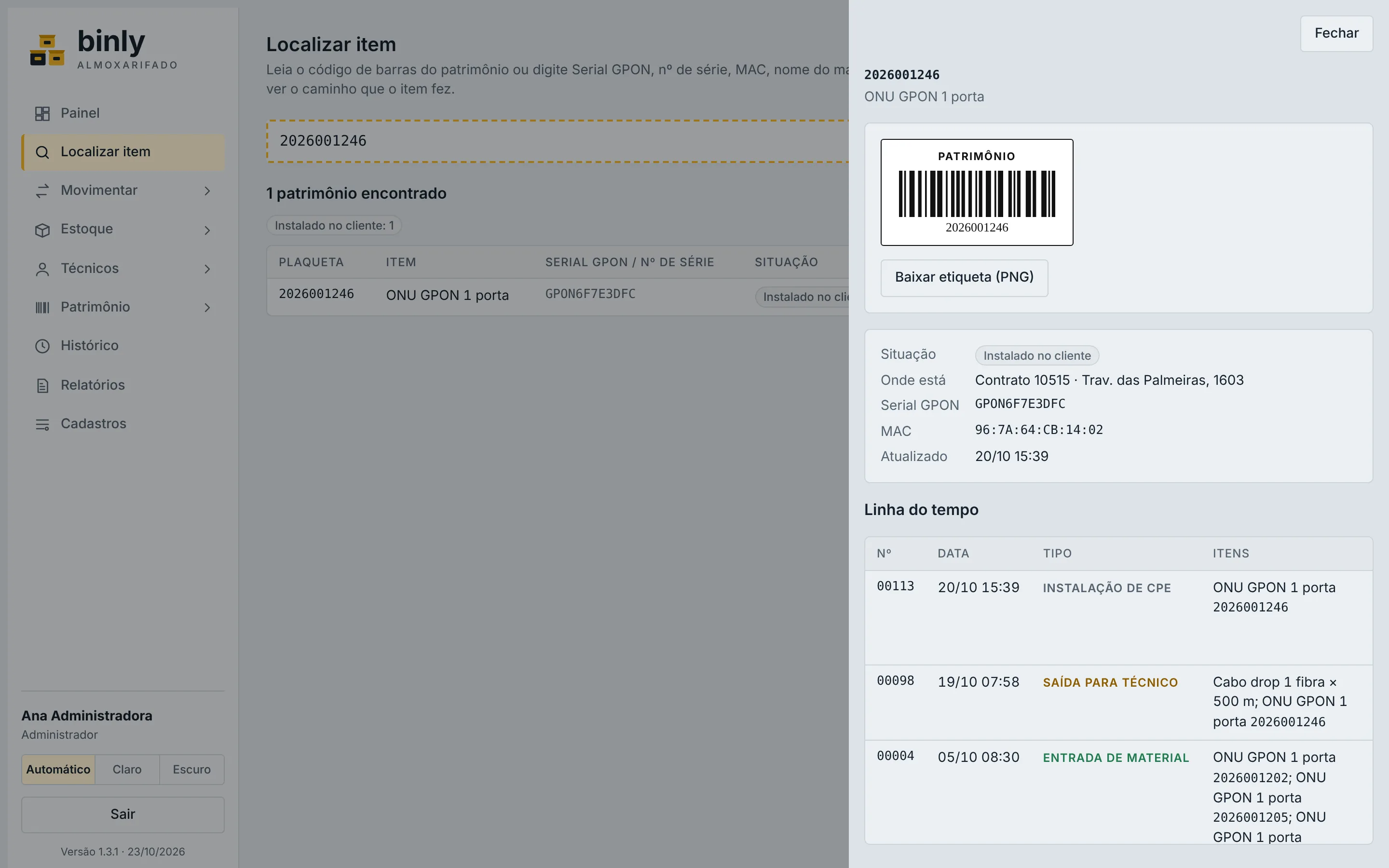 Tela Localizar item mostrando uma ONU instalada no cliente, com etiqueta de patrimônio e linha do tempo das movimentações
